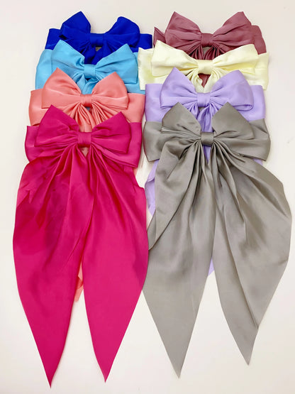 8 Ladies Satin Ribbon Bow Hair Clips – Oversized White, Pink, Red, Blue, Black Long Tail, Spring Clip for Ponytail Hair Accessories