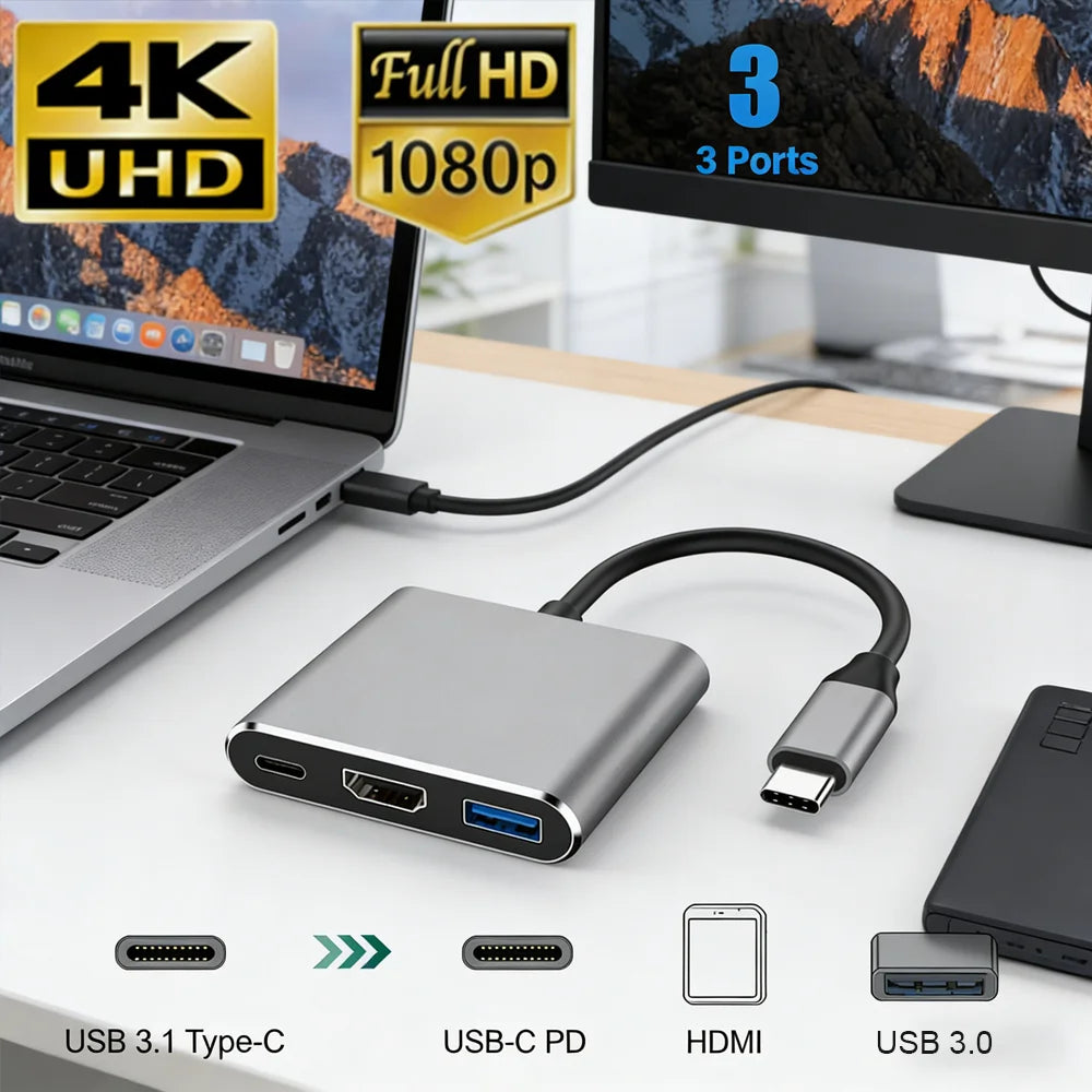 USB-C 3-in-1 HDMI Adapter Cable - 4K 1080P USB 3.0 & Type-C Converter for Thunderbolt 3 Devices