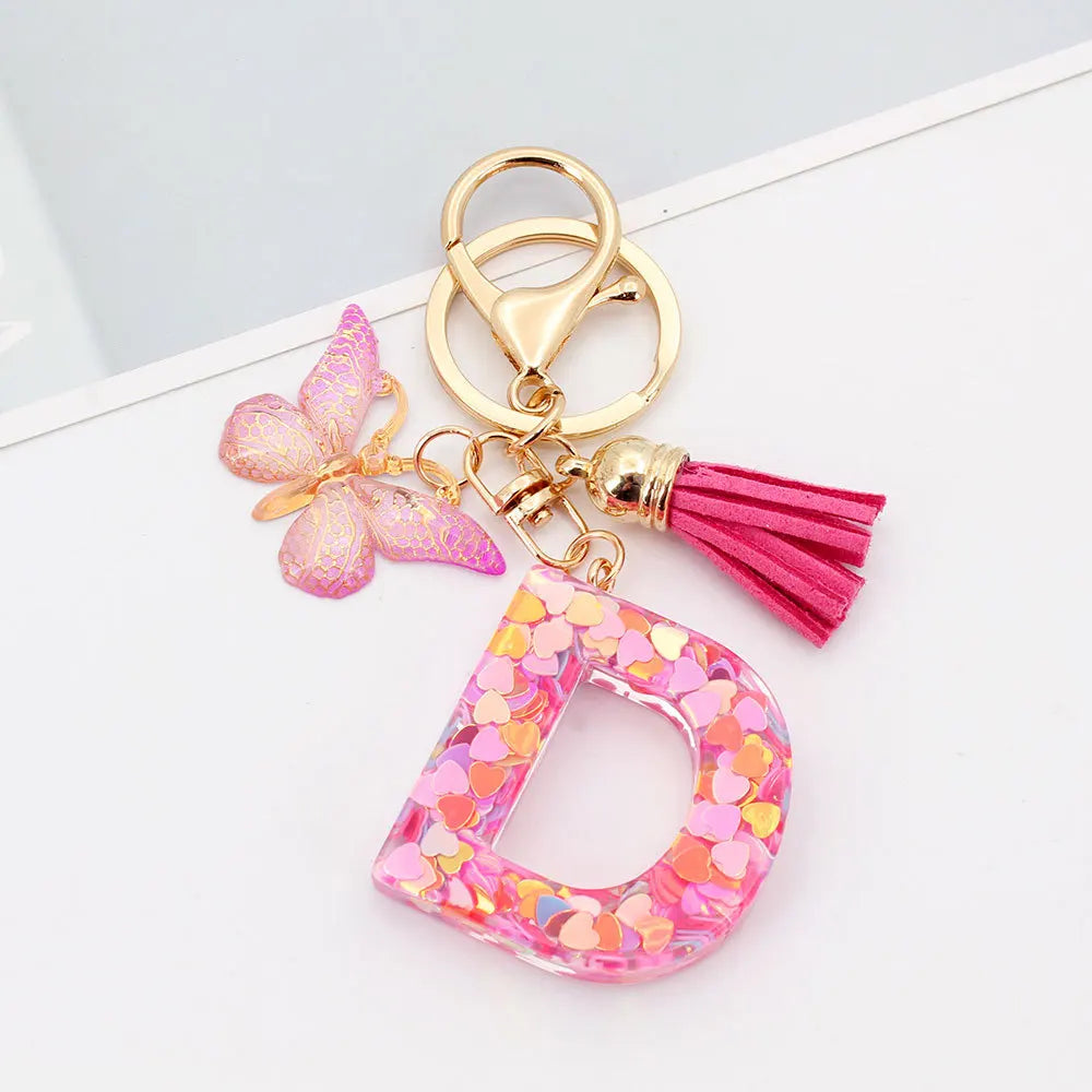 A-Z Letter Acrylic Keychain - Pink Butterfly Tassel Bag Charm & Key Ring