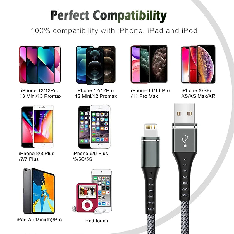 Original Lightning Cable USB – Fast Charging Wire for iPhone 14-6S Plus, X, XR, XS, 13, 12, 11 Pro Max, SE, Nylon Braided Charger Cord