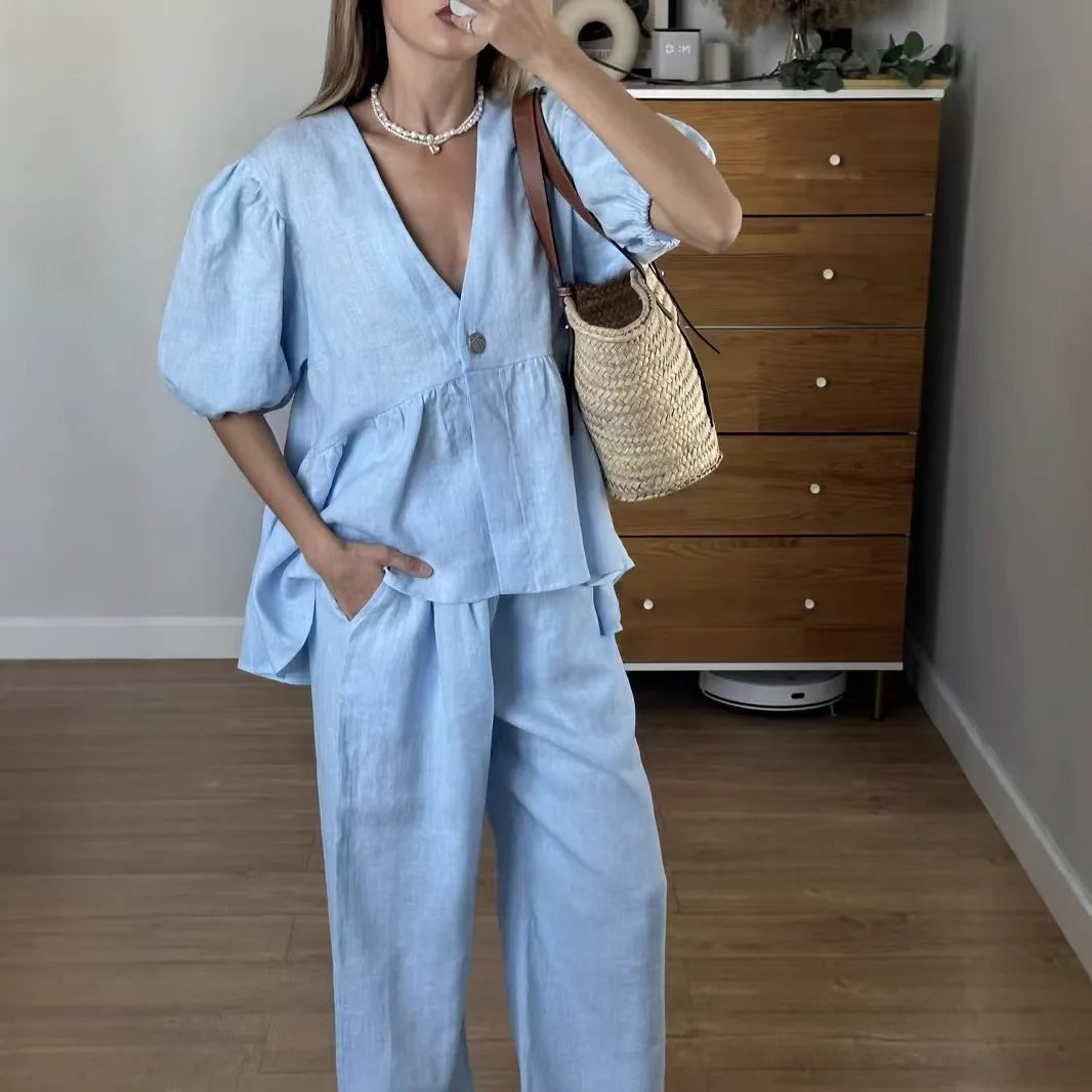 2025 Women’s Solid Color 2-Piece Set – V-Neck Bubble Sleeve Top & Long Pants Summer Casual Outfit Suit