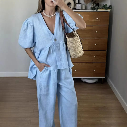 2025 Women’s Solid Color 2-Piece Set – V-Neck Bubble Sleeve Top & Long Pants Summer Casual Outfit Suit