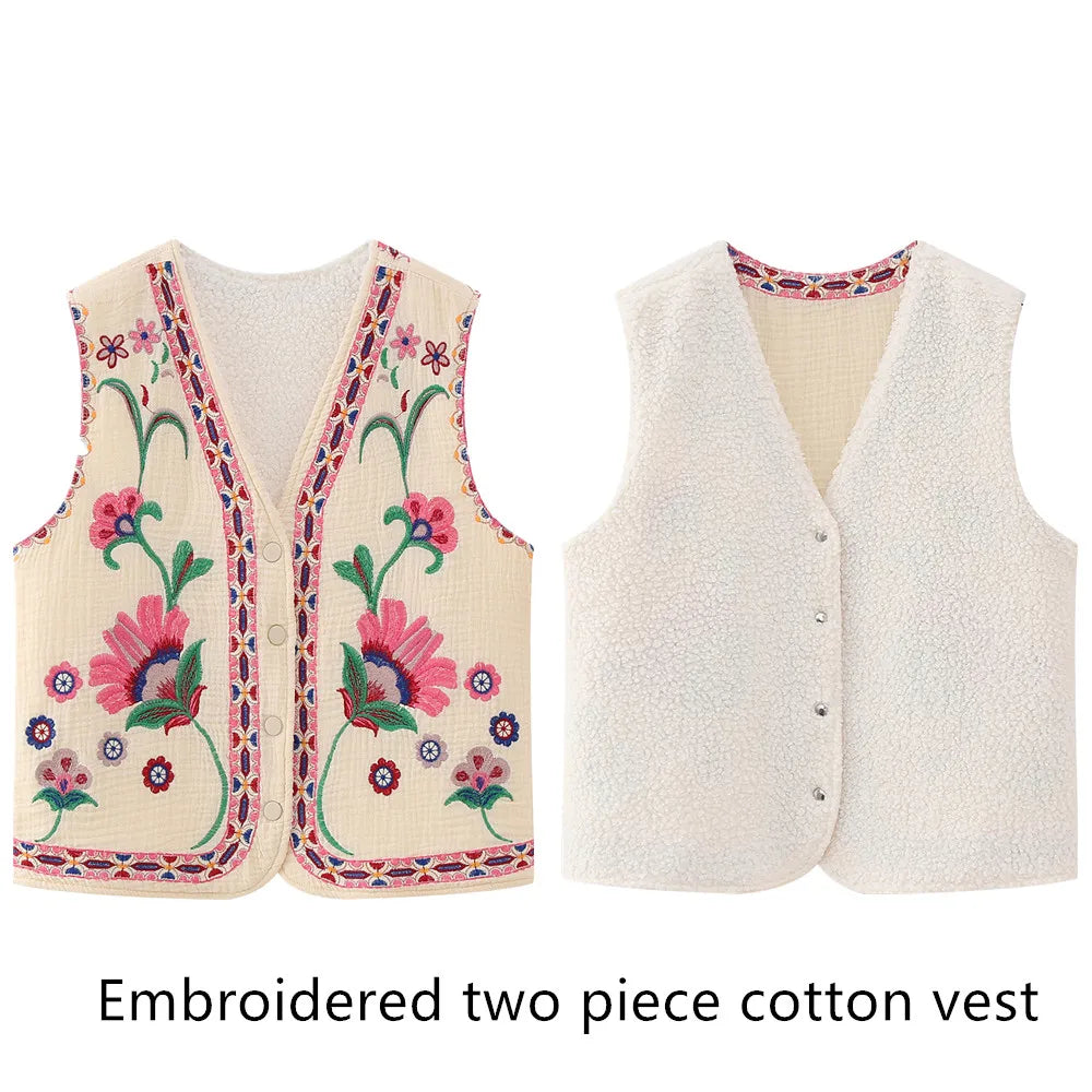 KEYANKETIAN Women's Vintage Floral Embroidered Open Waistcoat – National Style Vest Jacket, Casual Vacation Crop Top