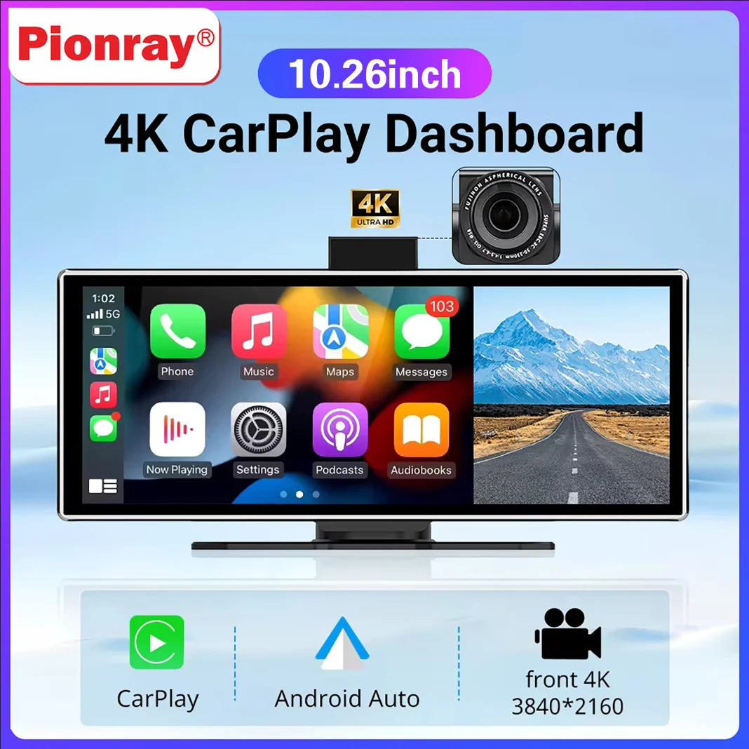 10.26" CarPlay Android Auto Car Stereo - IPS Touchscreen Multimedia Player with AUX, USB & Reversing Camera Support