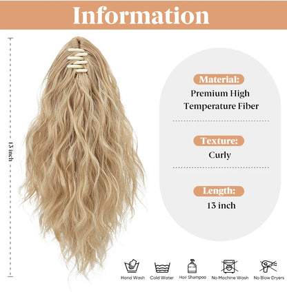 13-Inch Premium Synthetic Curly Claw Clip Ponytail – Blonde Brown Short Hairpiece, Fake Hair Extensions P064