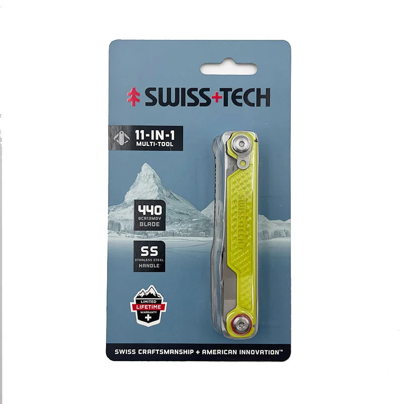 SWISS TECH 11-in-1 Mini Multitool - Folding EDC Camping Tool with Scissors, Screwdriver & Clip