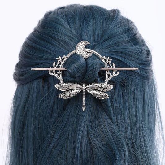 Viking Dragonfly Moon Hairpin - Retro Scandinavian Branch Hair Accessory for Women