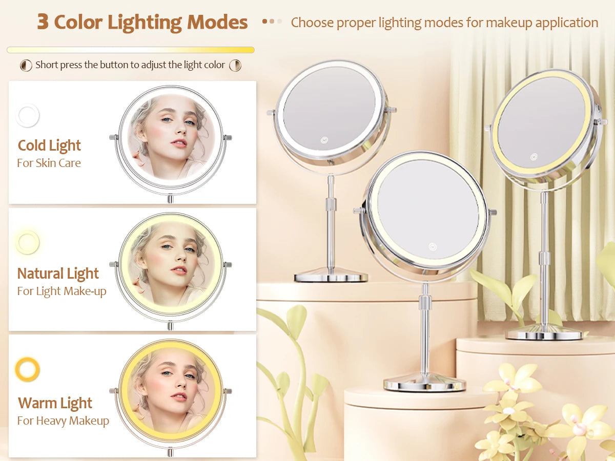 8-Inch Makeup Mirror with Light – 10X Magnification, 3 Color LED, Adjustable Brightness & Height Standing Cosmetic Mirror