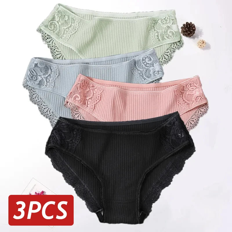 Floral Lace Cotton Women’s Panties - Comfortable Briefs, Solid Color Underwear, 3PCS/Set, Sizes M-XXL