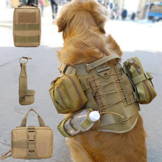 3Pcs Dog Tactical Harness Bags — 2 Pouch MOLLE Set & 1 Belt Bottle Holder for Military Training & Outdoor Use