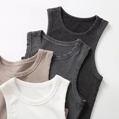 Fashion New Water Wash Rib Simple Retro Workwear Women's Tank Top by BMURHMZA