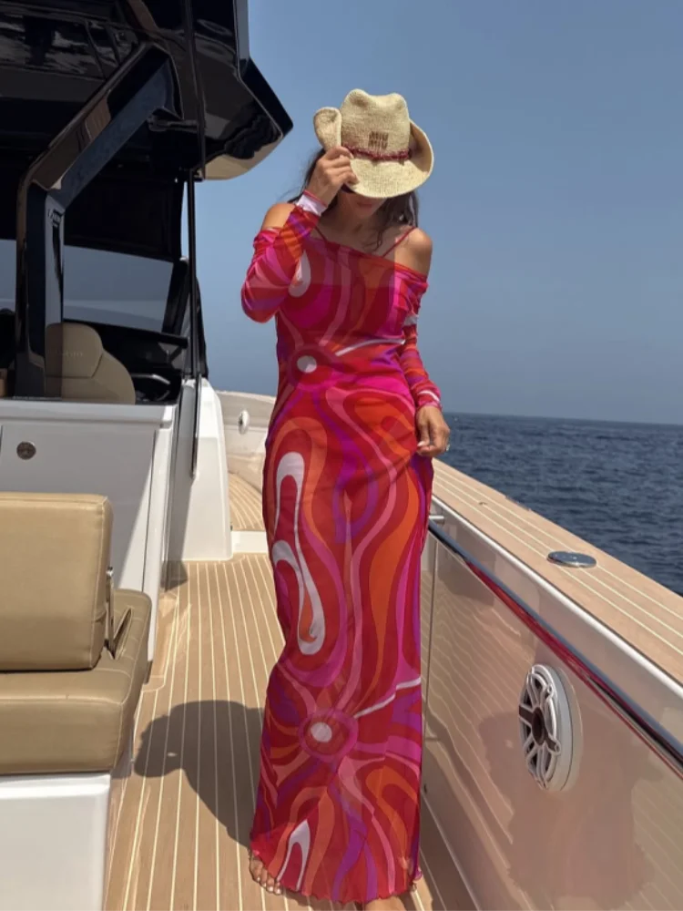 Women’s 2025 Summer Beach Dress – Long Spaghetti Strap O-Neck Dress with Print and Long Sleeves, Fashionable Summer Robe