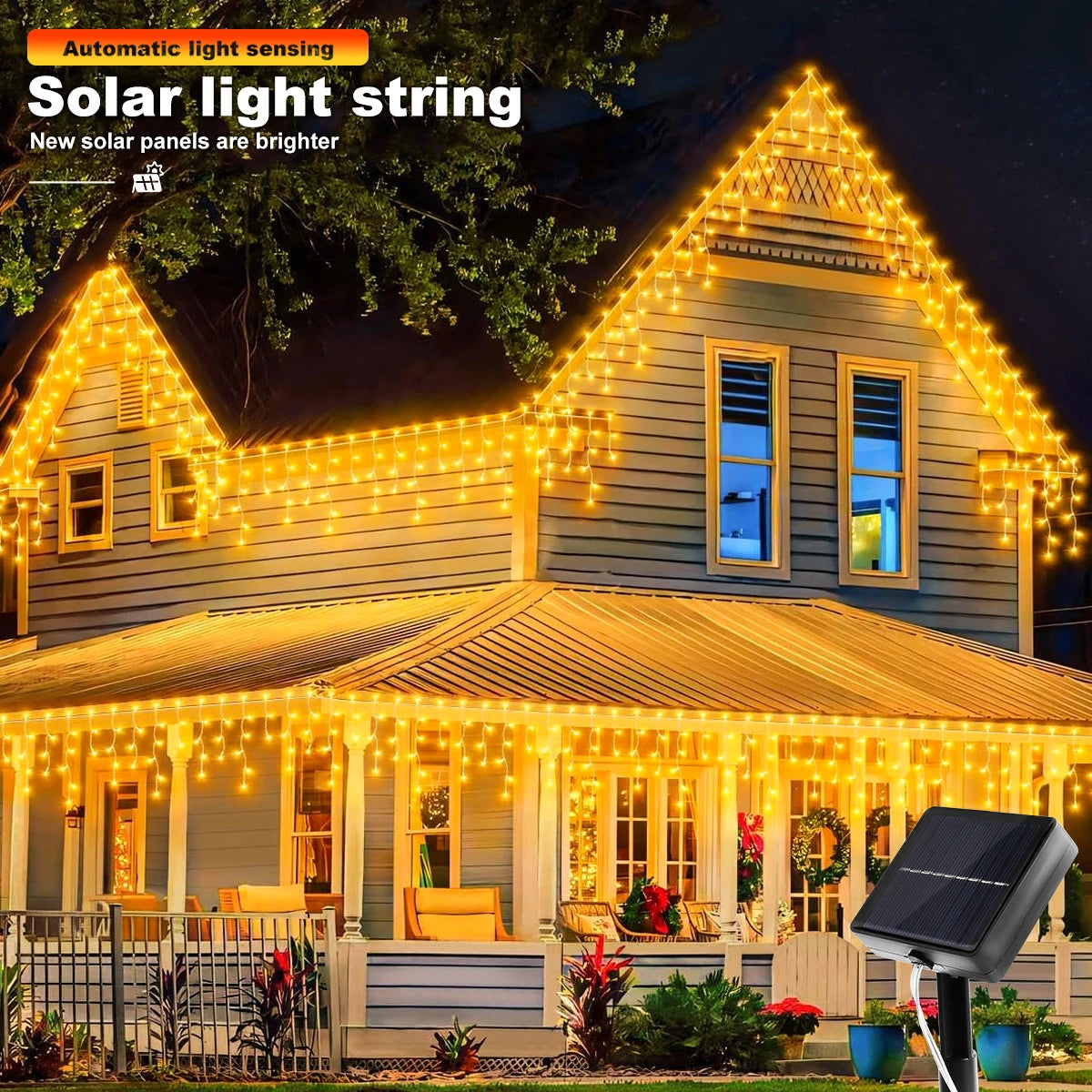 Solar Christmas Icicle Lights 162/96 LED – 8-Mode Waterproof Curtain String Lights for Outdoor, Garden & Holiday Decoration