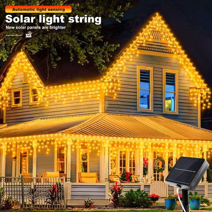 Solar Christmas Icicle Lights 162/96 LED – 8-Mode Waterproof Curtain String Lights for Outdoor, Garden & Holiday Decoration