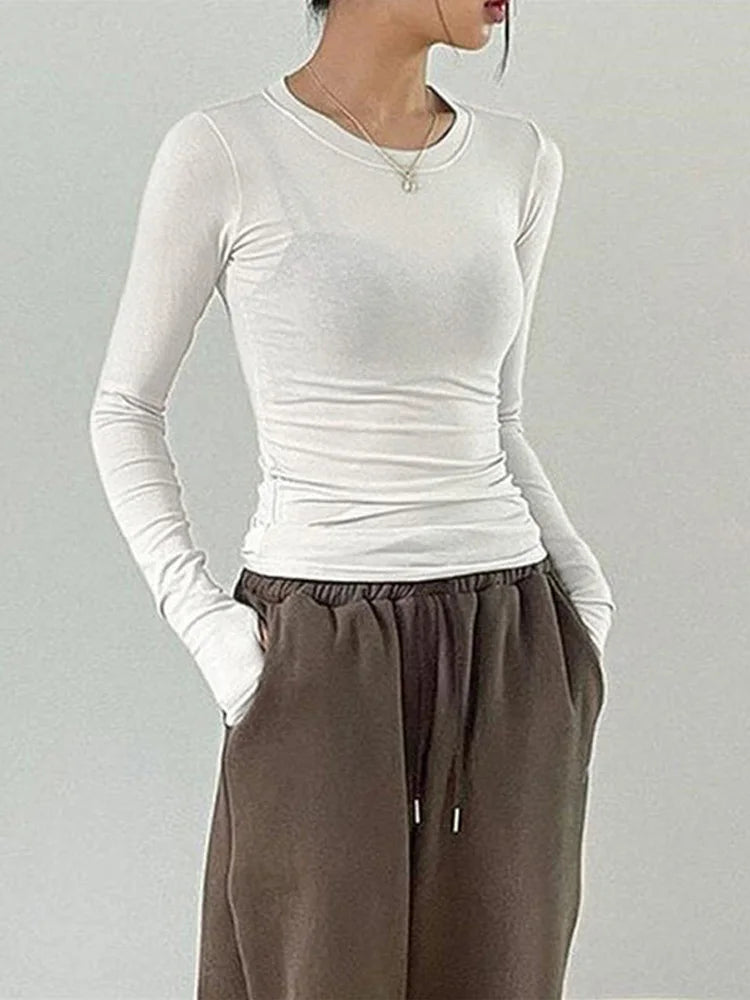 Women's Casual Slim Fit Long Sleeve T-Shirt – O-Neck Solid Color Thumb Hole Streetwear Top for Spring & Fall