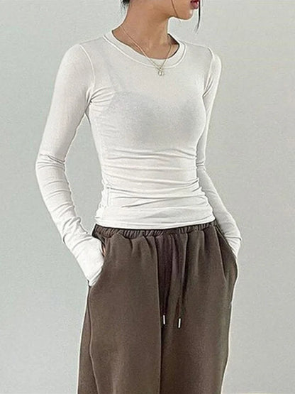 Women's Casual Slim Fit Long Sleeve T-Shirt – O-Neck Solid Color Thumb Hole Streetwear Top for Spring & Fall