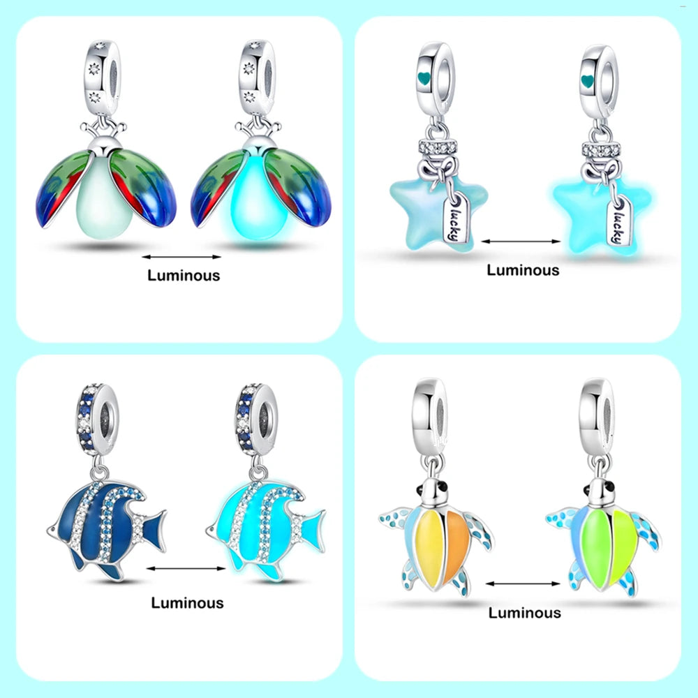 Chameleon Luminous Firefly & Butterfly Silver-Plated Charms - 925 Silver for DIY Bracelet Jewelry Making
