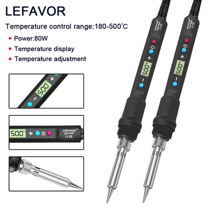 LEFAVOR 80W Digital Soldering Iron Kit – LCD Display, Adjustable 100–500°C, C/F Switch Welding Tool for Home Repair & DIY Projects
