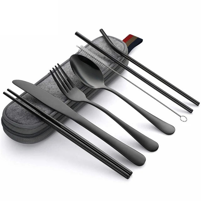 8-Piece Reusable Travel Cutlery Set — Stainless Steel Spoon, Fork, Chopsticks & Straw with Portable Case