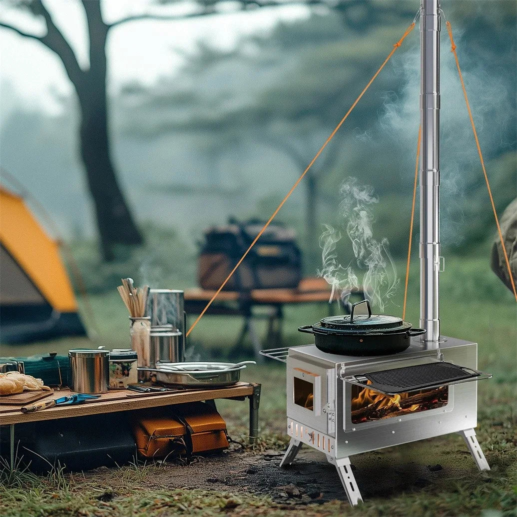Hot Tent Wood Burning Stove – Portable Unho Stove with 6 Stainless Chimney Pipes for Outdoor Heating & Cooking