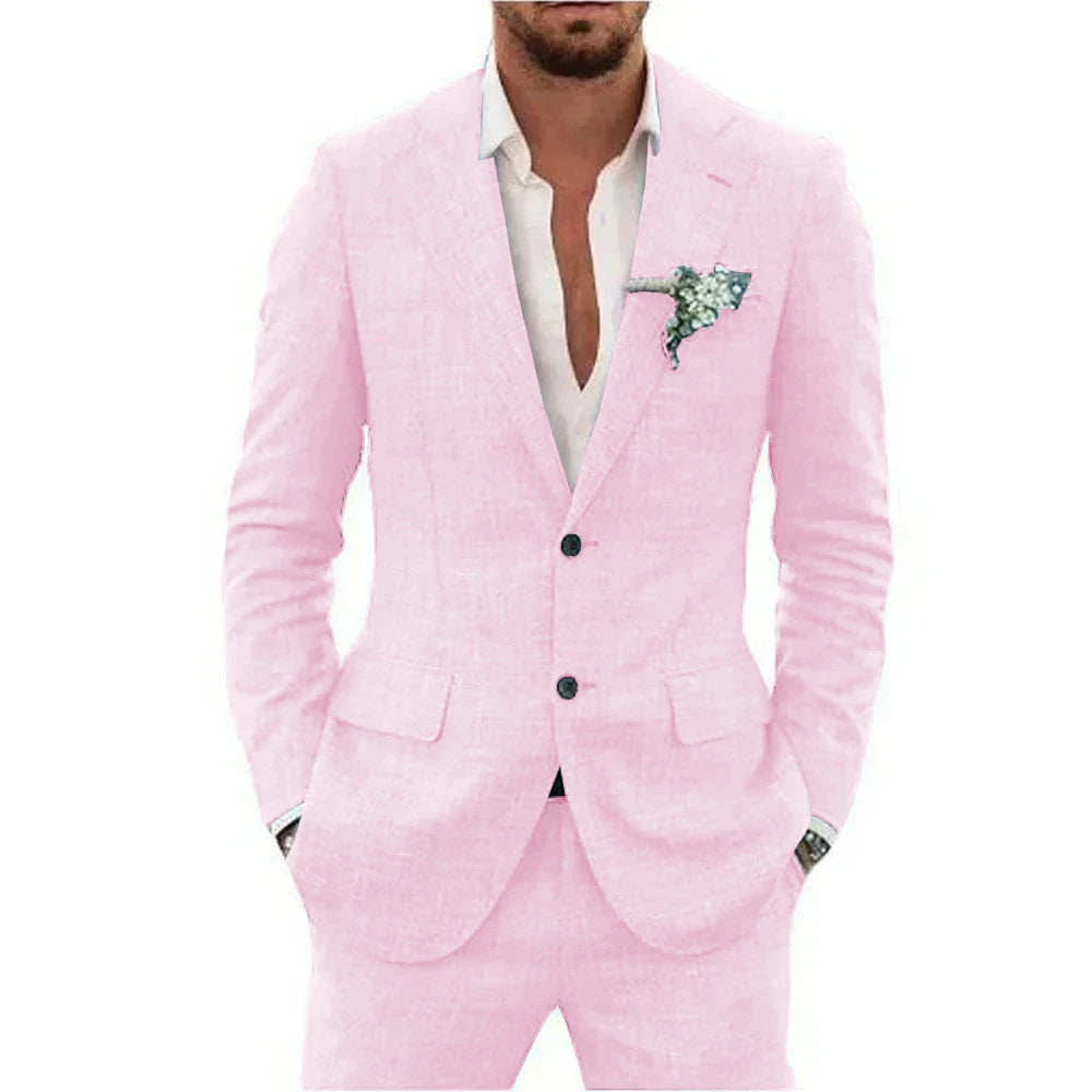 Men's Linen Suit Set - Slim Fit Notched Lapel 2 Piece Wedding & Beach Tuxedo Outfit For Summer Casual Formal Wear