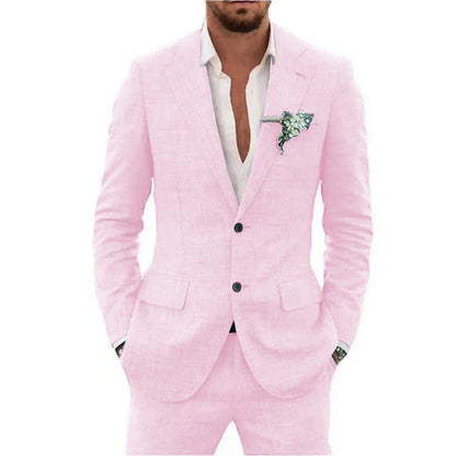Men's Linen Suit Set - Slim Fit Notched Lapel 2 Piece Wedding & Beach Tuxedo Outfit For Summer Casual Formal Wear