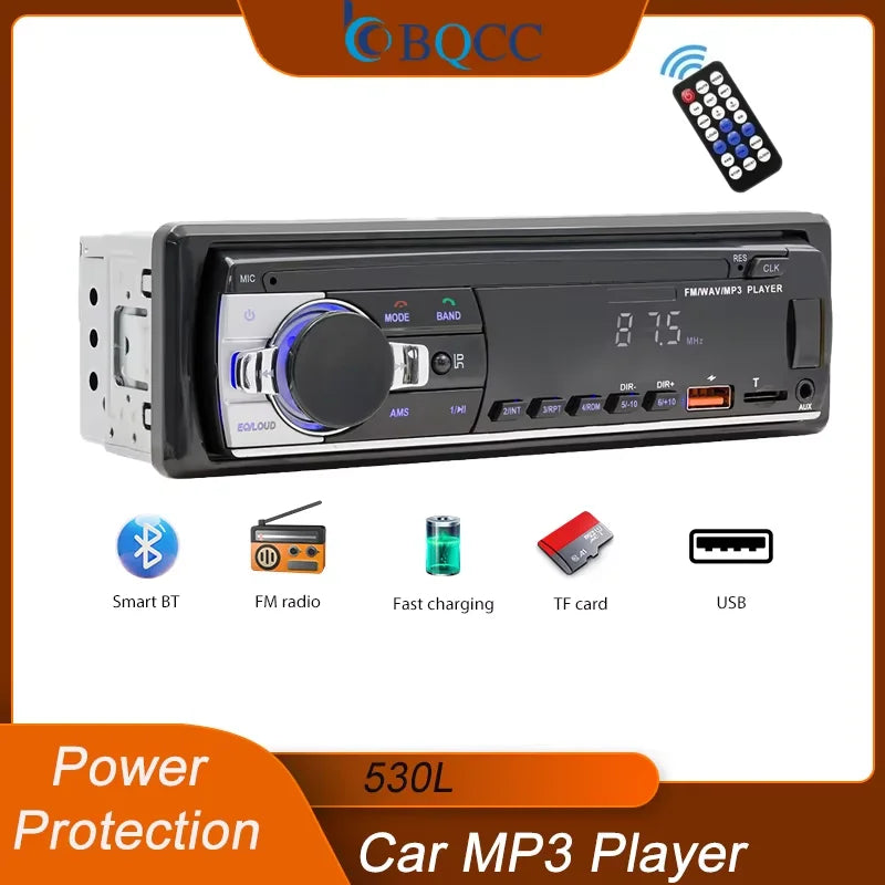BQCC 530L 1 Din Car Stereo - Bluetooth FM Radio with TF, AUX, USB Fast Charging, LED Display & Remote Control