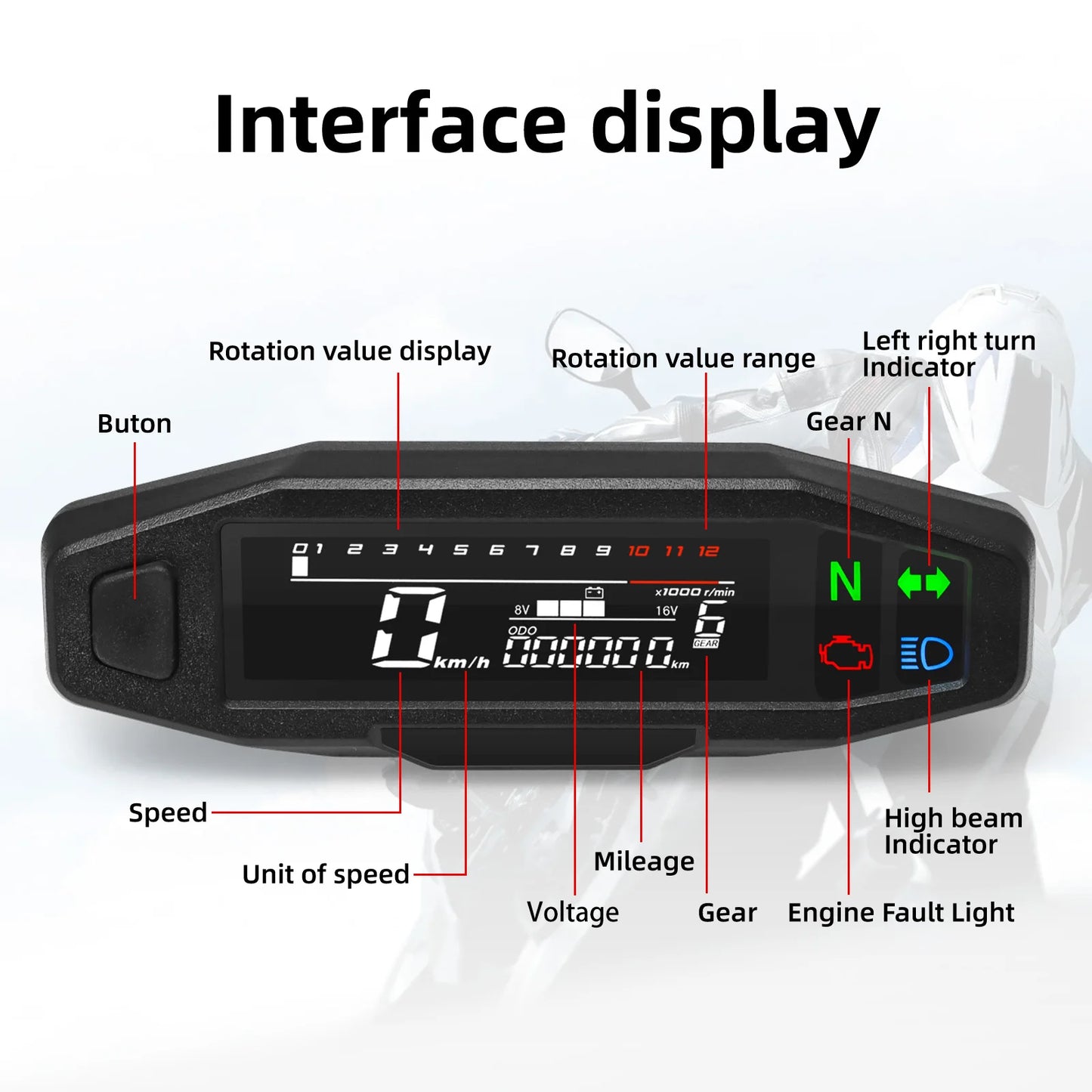 AD Universal Motorcycle Digital Speedometer – LED Tachometer Dashboard Instrument Panel with LCD Display & Y Bracket