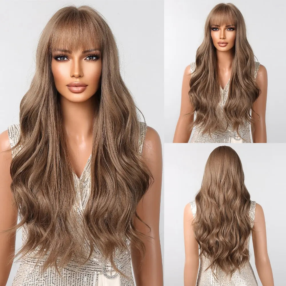 Brown Long Wavy Wig for Women with Bangs — Natural-Look Synthetic Hair, Heat-Resistant for Daily & Cosplay