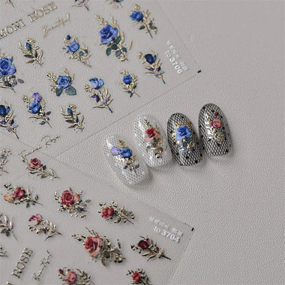 Vintage Rose Flower Nail Stickers – Red & Blue Laser Gold/Silver Nail Art Decals for Manicure Design DIY Beauty Tool