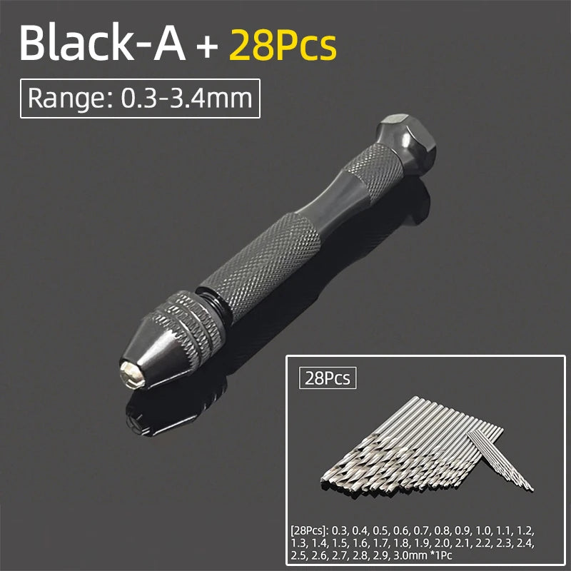 Mini Aluminum Hand Drill 0.3–3.4mm – Keyless Chuck Micro Rotary Tool with HSS Twist Drill Bit Set for Wood & DIY Crafts