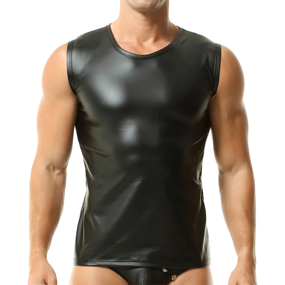 Men's Faux Leather Slim Tank Top - Sleeveless Gym Fitness Bodybuilding Vest Sport Singlet Elastic Undershirt Fashion T-Shirt