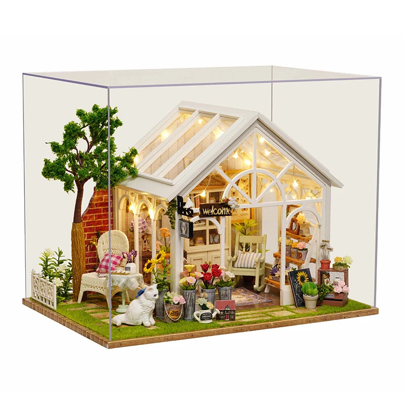 DIY Wooden Sunshine Greenhouse Cottage – Miniature Dollhouse Kit with Furniture for Friends' Gifts