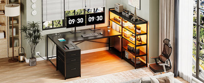 L-Shaped Gaming Desk – Reversible U Shaped Computer Desk with Power Outlet, Storage Shelves & LED Lighting