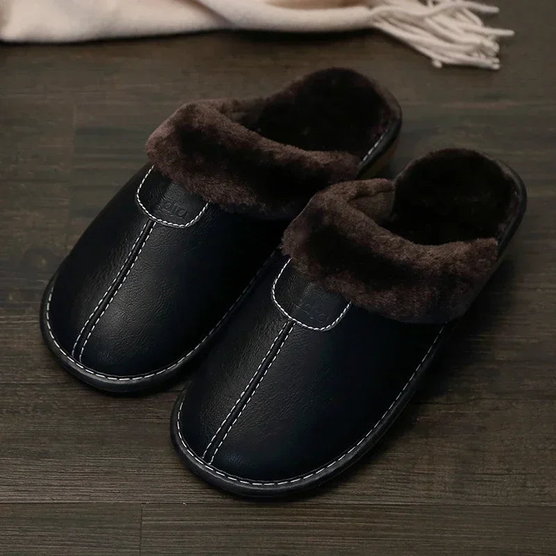 Men’s Winter Leather Slippers — Waterproof, Thick Velvet Cotton Indoor Home Shoes, Warm Bedroom Footwear
