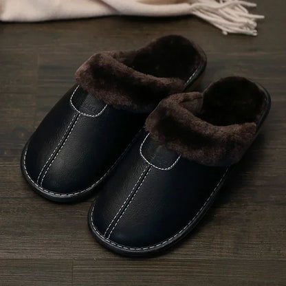 Men’s Winter Leather Slippers — Waterproof, Thick Velvet Cotton Indoor Home Shoes, Warm Bedroom Footwear