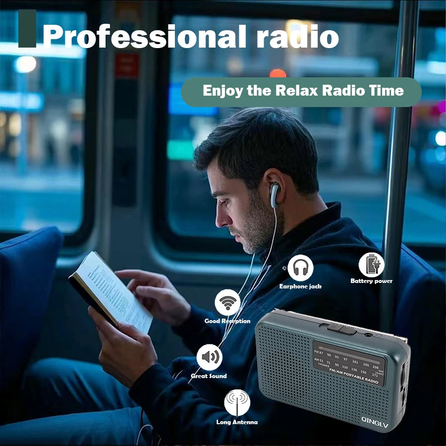 Mini FM/AM Two-Band Radio — 1W Loud Speaker with 3.5mm Headphone Jack & 180° High-Performance Antenna for Home Use