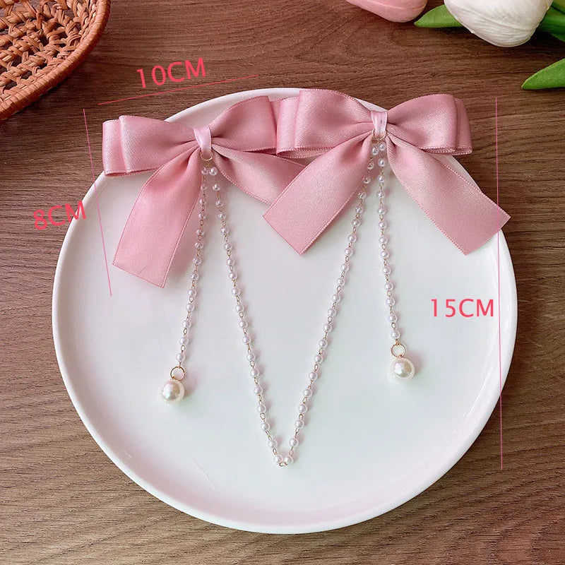 Sweet Princess Pink Pearl Bow Hair Clip – Cute Chain Hairpin for Women & Girls Back Head Fashion Hair Accessories