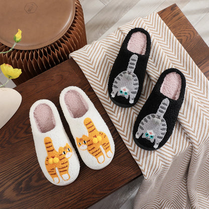 Embroidered Cat Plush Slippers - Warm Thick-Sole Non-Slip Indoor House Shoes for Men & Women