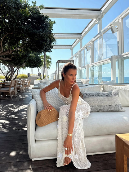 Women’s Knit Crochet Maxi Dress – Sleeveless Elegant Summer Beach Cover Up & Party Holiday Slim Fit Long Vestido Dress