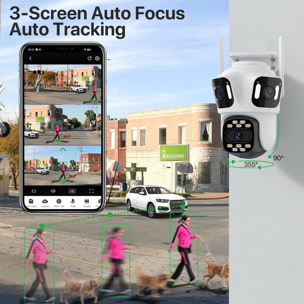 WiFi 6K HD External IP Camera, 4K Outdoor Dual Lens, Auto Tracking, PTZ Security Surveillance Camera with iCsee