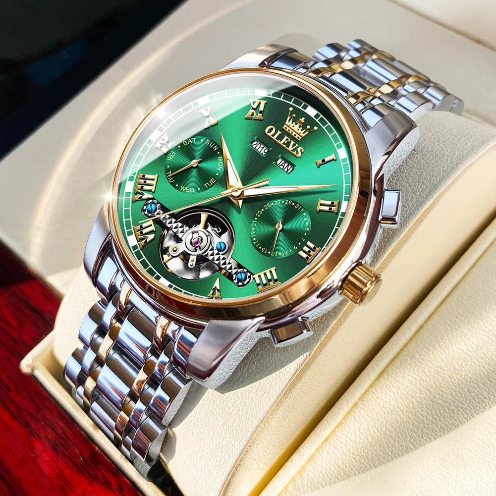 OLEVS Men's Automatic Mechanical Watch – Waterproof Stainless Steel Business Wristwatch with Skeleton Calendar