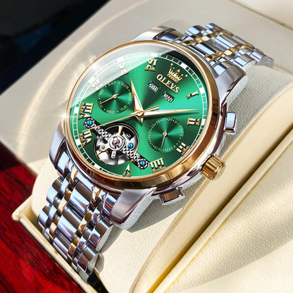 OLEVS Men's Automatic Mechanical Watch – Waterproof Stainless Steel Business Wristwatch with Skeleton Calendar
