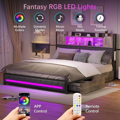 Full Size Upholstered Bed Frame with Storage Drawers, Bookcase Headboard, LED Lights & USB Charging Station