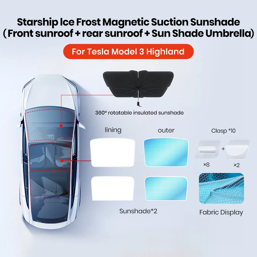 YZ Sun Visor Upgrade for Tesla Model 3 & Y Highland 2021-2024 – Ice Cloth Buckle Sunshade for Glass Roof & Skylight