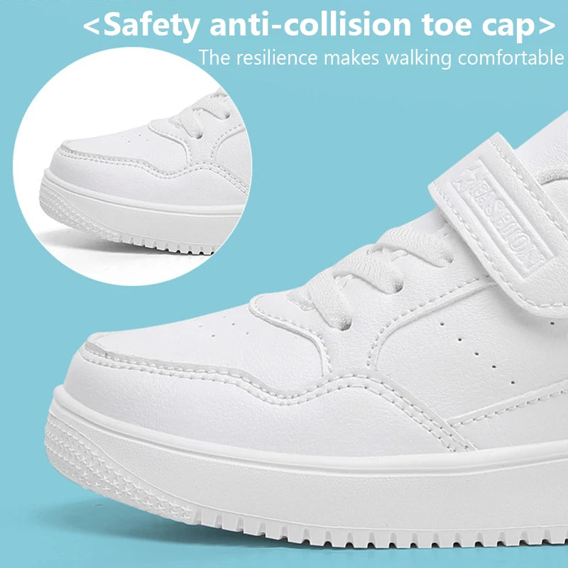Kids' Black Leather Sneakers – Non-Slip Casual Walking & Tennis Shoes for Boys and Girls