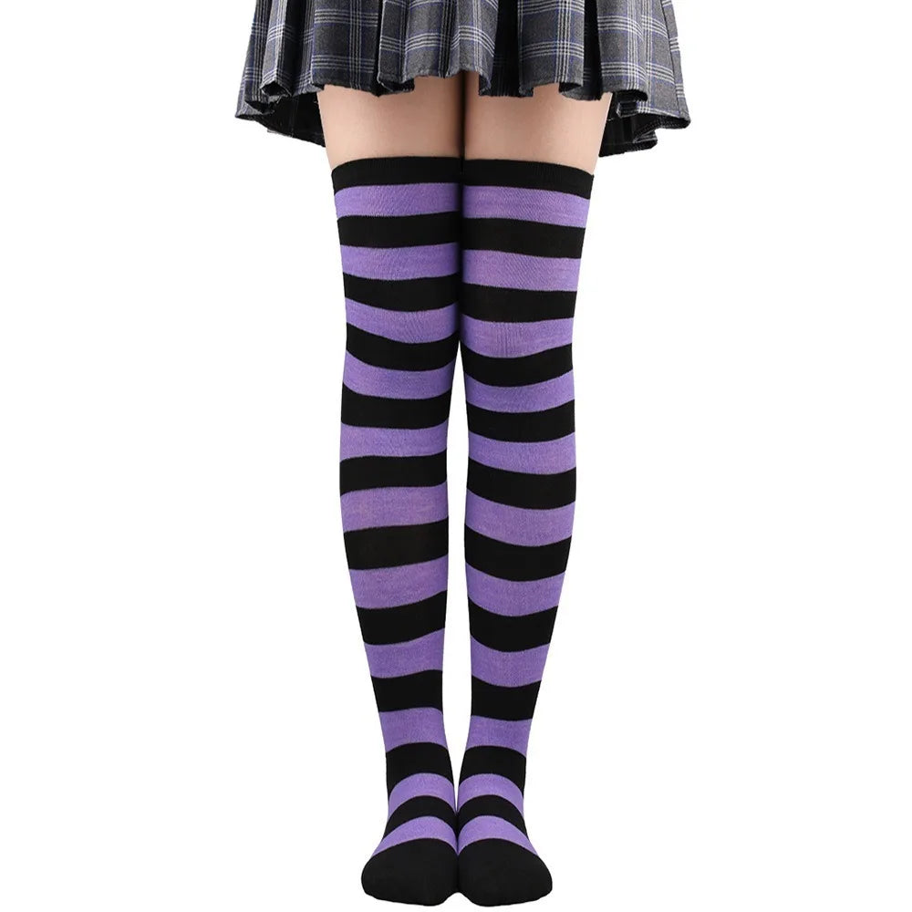 Color Striped Japanese Over-Knee Socks – Fashionable Slim Fit Black & White Stockings for Women