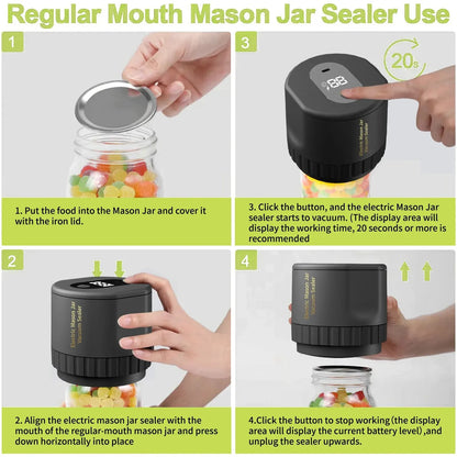 Electric Mason Jar Vacuum Sealer Kit - Cordless Sealer for Wide-Mouth and Regular-Mouth Mason Jars - Ideal for Food Storage
