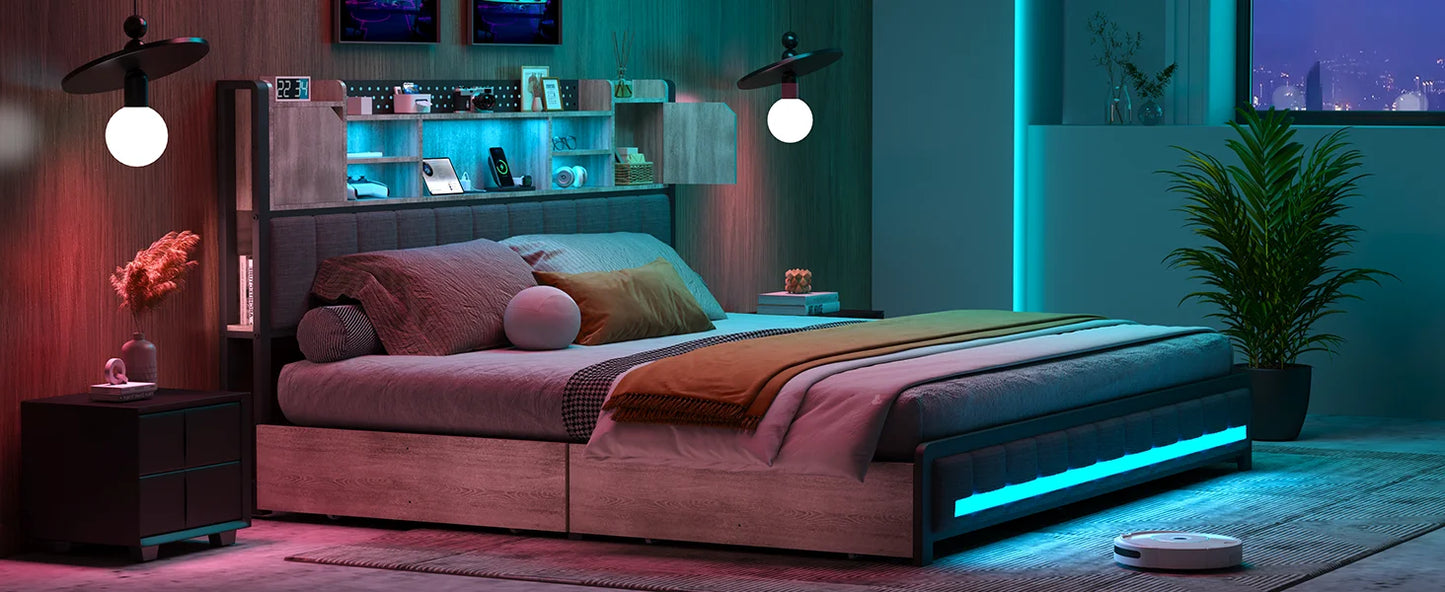 Full Size Upholstered Bed Frame with Storage Drawers, Bookcase Headboard, LED Lights & USB Charging Station