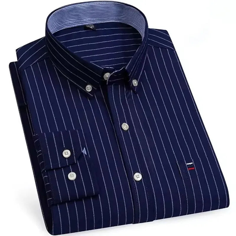 Men’s Checkered Oxford Shirt - Long Sleeve Cotton Button Down Gingham Top with Single Pocket 6XL-7XL